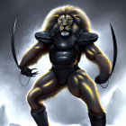 Anthropomorphic lion in black armor with curved swords and majestic mane