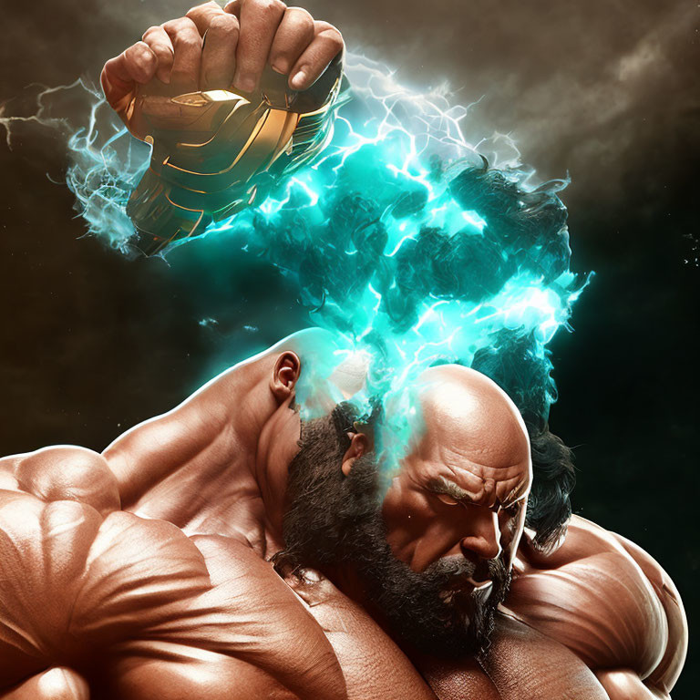 Muscular, Bearded Figure Clenches Glowing Lightning Fist