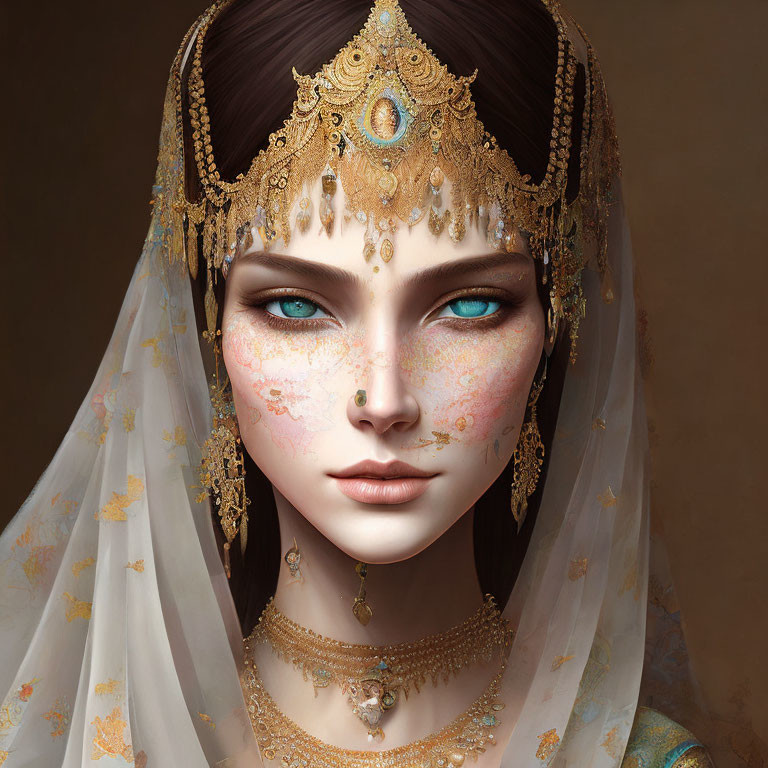 Digital artwork featuring woman with striking blue eyes and ornate gold jewelry, headdress, and butterfly-pattern