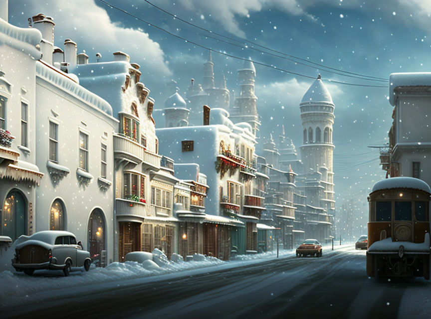 Snow-covered street with vintage tram and ornate buildings at night