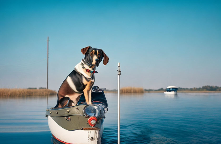 Dog sitting on boat bow in calm lake with clear skies and distant boat.