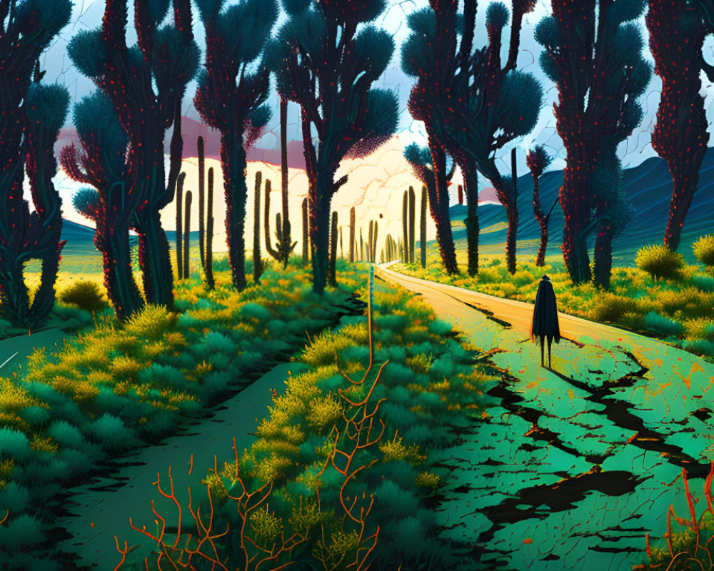 Person walking on path in fantastical forest with towering trees at twilight