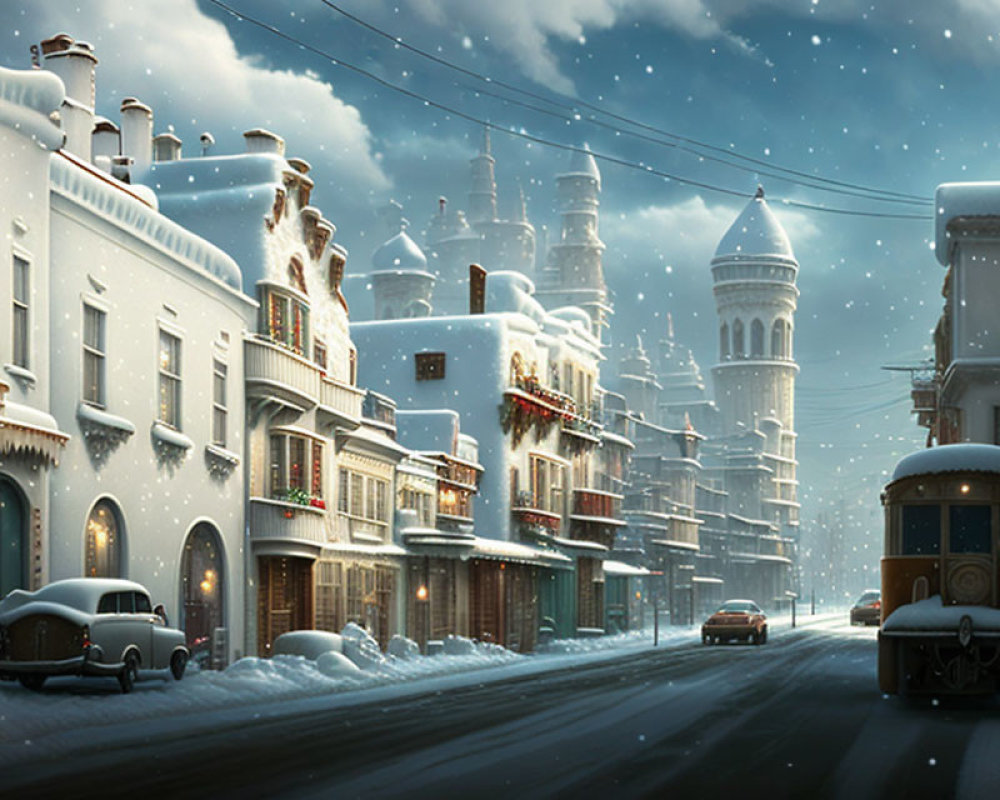 Snow-covered street with vintage tram and ornate buildings at night