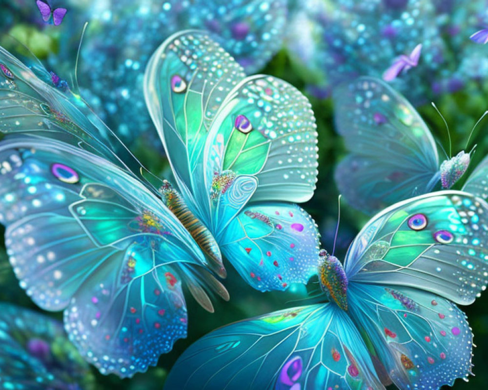 Blue butterflies with intricate wing patterns among green foliage