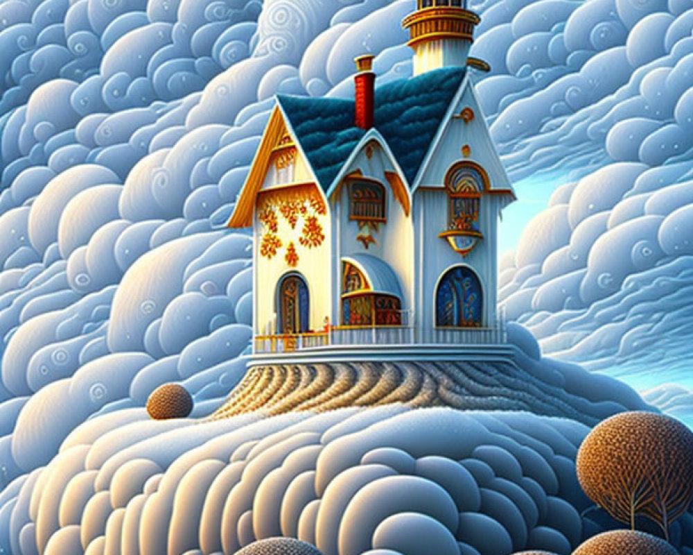 Detailed whimsical house illustration with tall spire and fluffy clouds.