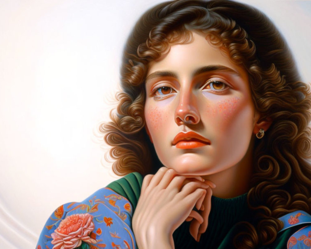 Hyperrealistic painting: Woman with curly hair, rosy cheeks, and floral arm tattoo resting chin