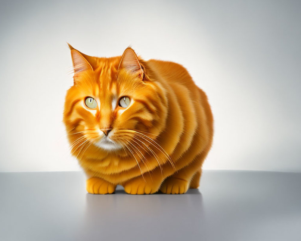 Orange Tabby Cat with Green Eyes on Reflective Surface Against Gradient Background