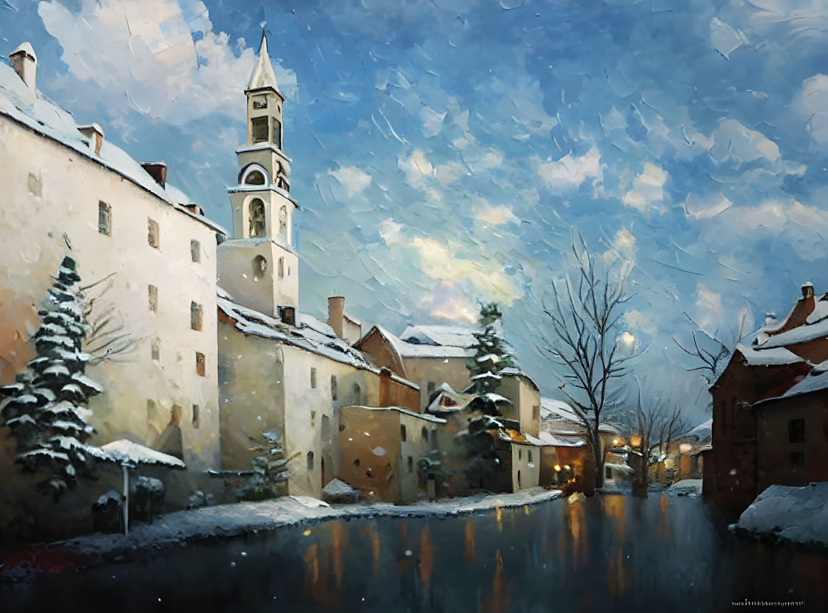 Snow-covered buildings by calm river in serene winter scene