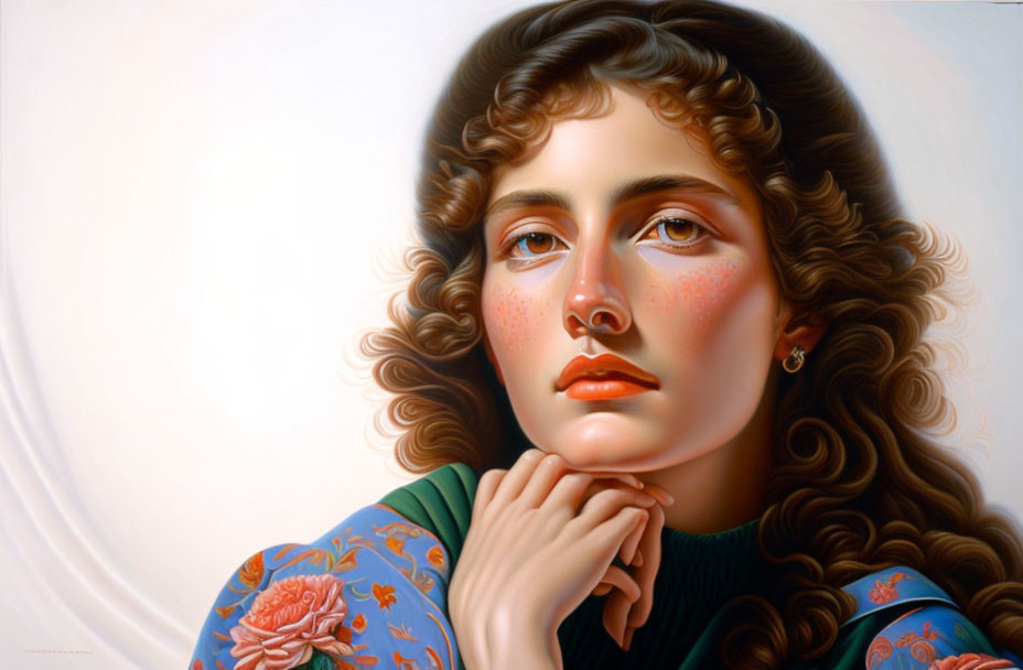 Hyperrealistic painting: Woman with curly hair, rosy cheeks, and floral arm tattoo resting chin