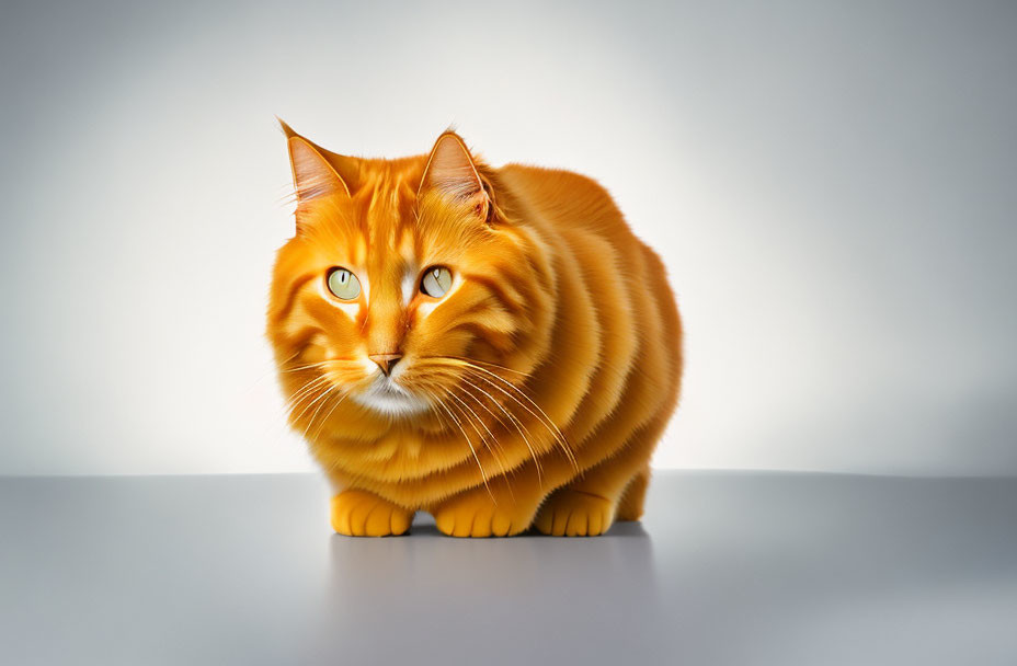 Orange Tabby Cat with Green Eyes on Reflective Surface Against Gradient Background