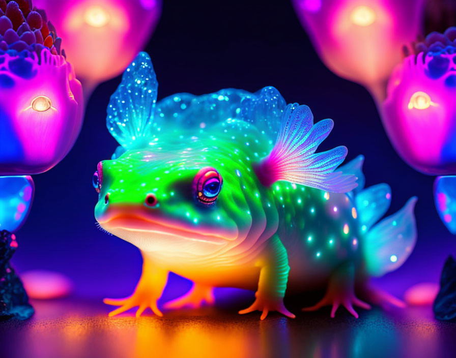 Colorful Illuminated Toy Frog with Glowing Blue Accents and Lotus Flowers