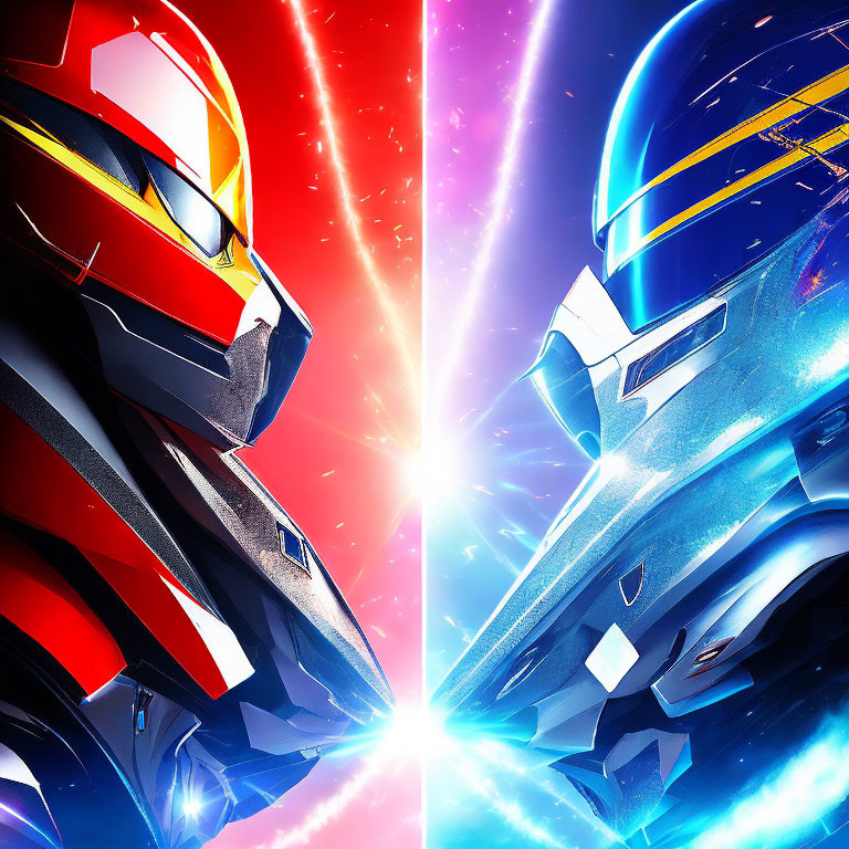 Dynamic Red and Blue Robotic Heads Artwork with Bright Clash