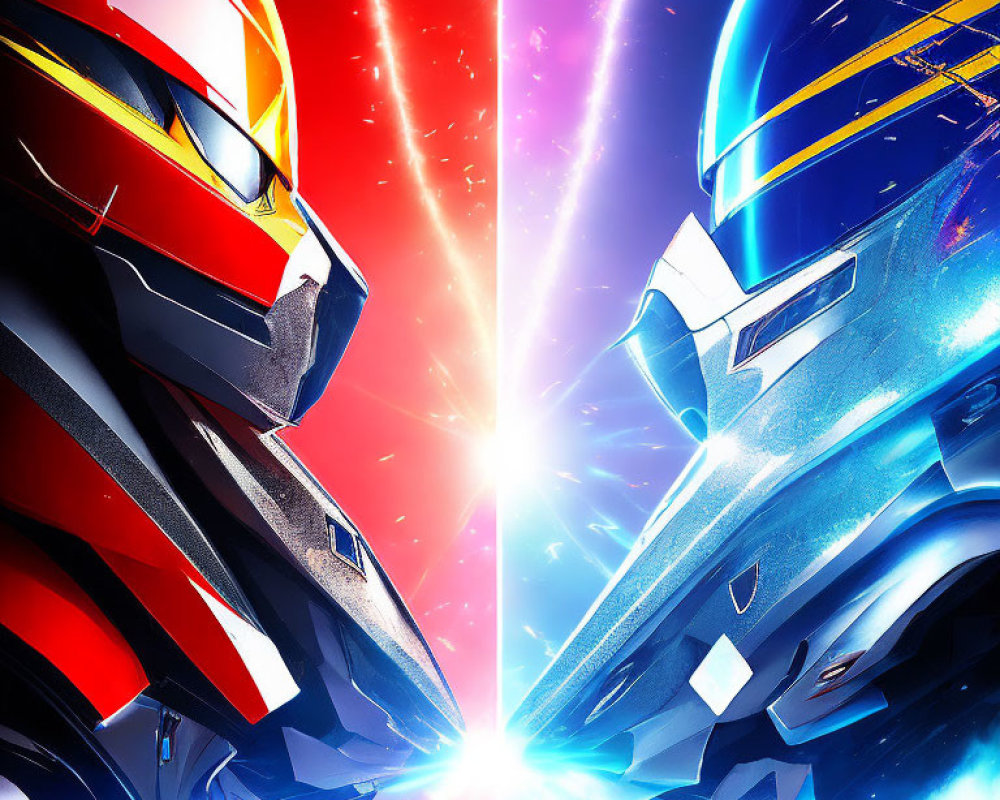 Dynamic Red and Blue Robotic Heads Artwork with Bright Clash