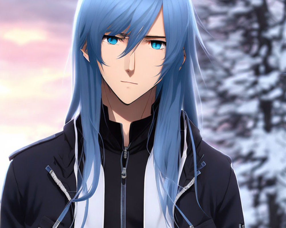 Anime character with long blue hair and blue eyes in black jacket against sunset and wintry trees.