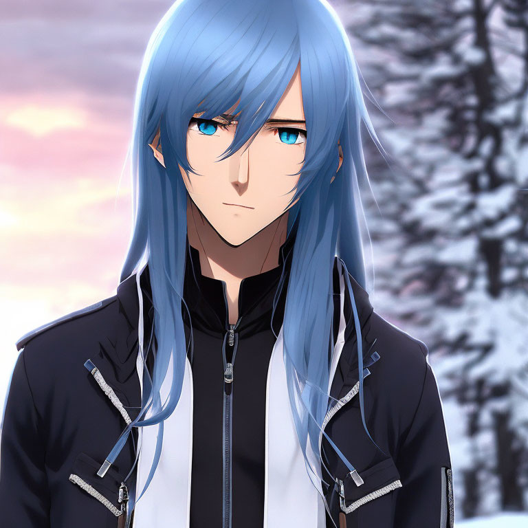 Anime character with long blue hair and blue eyes in black jacket against sunset and wintry trees.