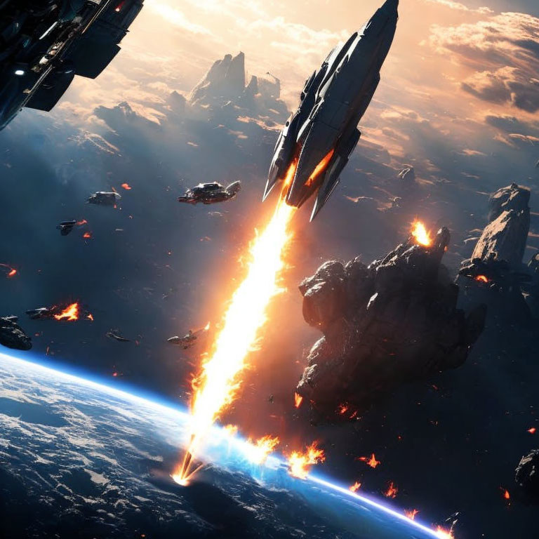 Intense space battle with spacecraft, explosions, and debris above a planet.