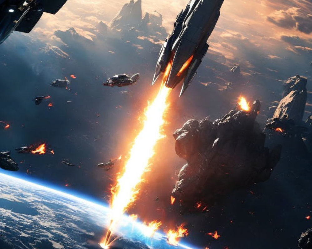 Intense space battle with spacecraft, explosions, and debris above a planet.