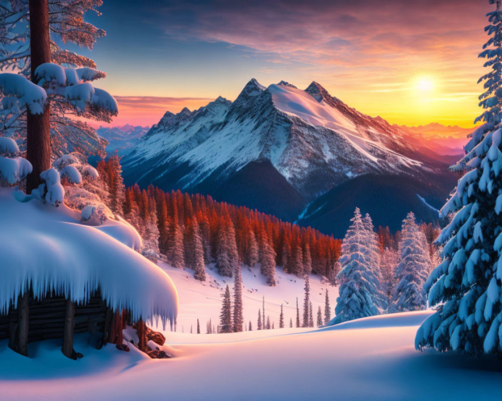 Snow-covered trees, wooden cabin, mountains in winter sunset scene