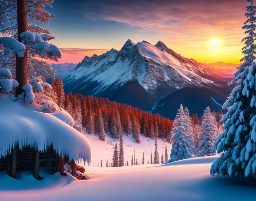 Snow-covered trees, wooden cabin, mountains in winter sunset scene