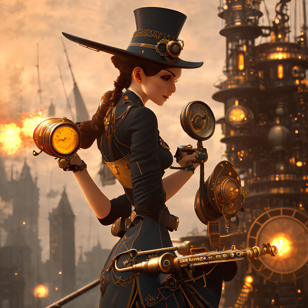 Steampunk-styled woman in top hat and goggles with mechanical device in industrial cityscape