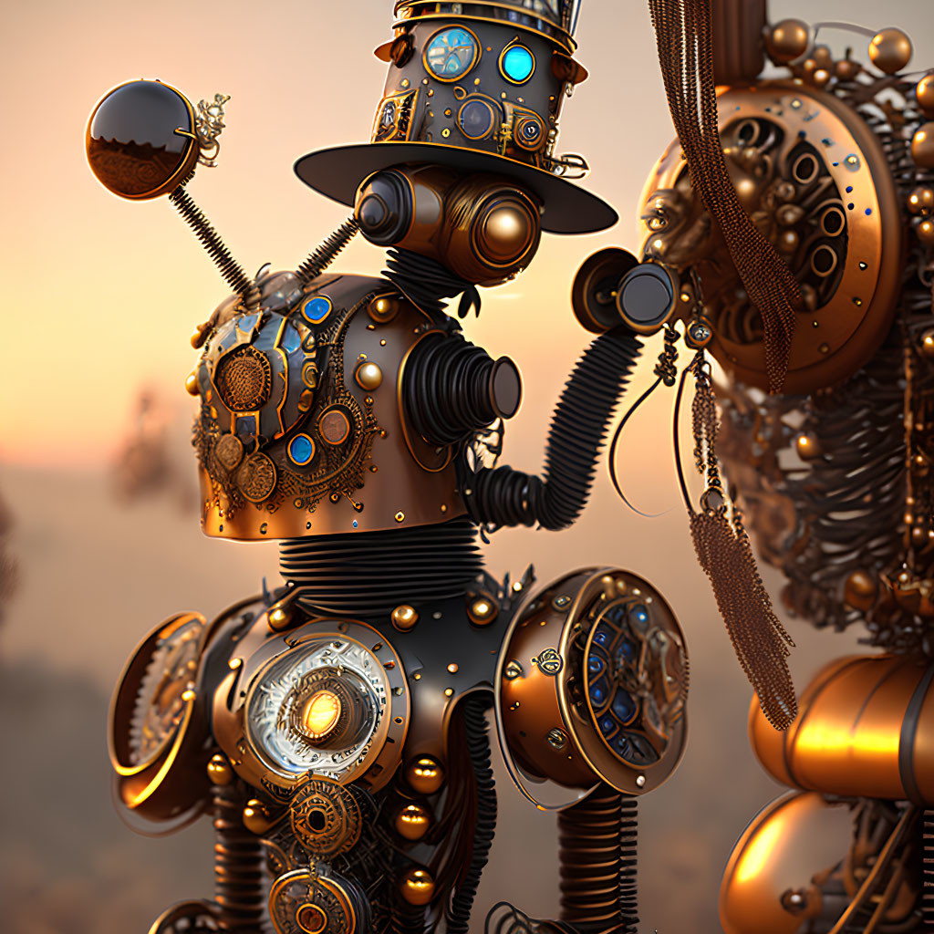 Intricate steampunk robot with metallic finishes in desert sunset setting