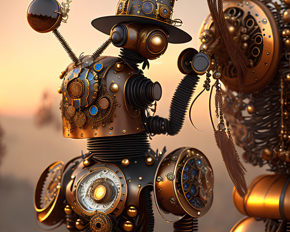 Intricate steampunk robot with metallic finishes in desert sunset setting