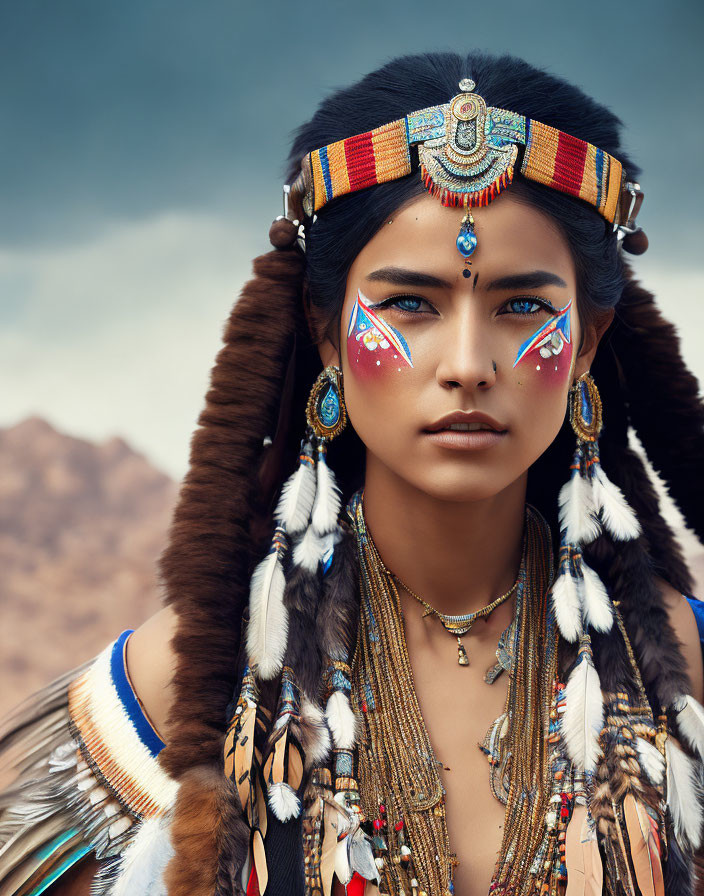 Person with Face Paint and Feathered Headdress in Mountainous Setting