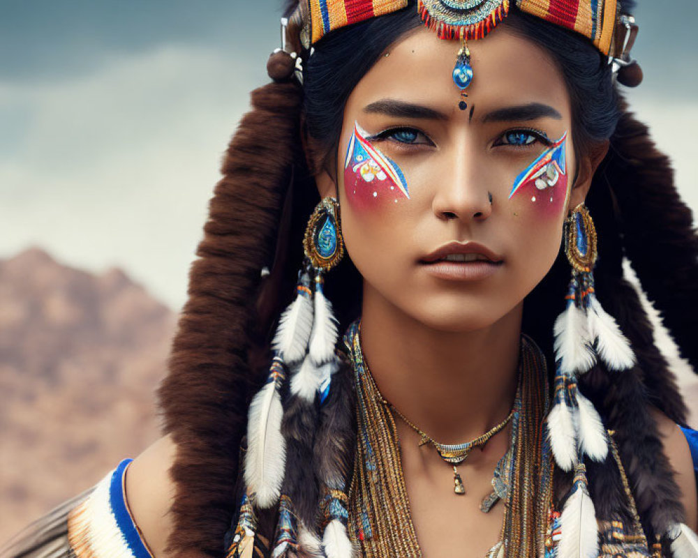 Person with Face Paint and Feathered Headdress in Mountainous Setting