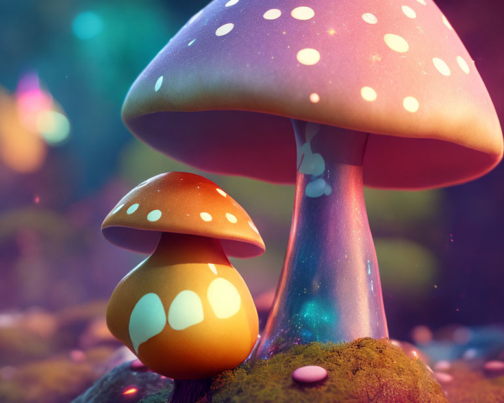 Stylized fantasy mushrooms on mossy ground with glowing dots under colorful backdrop