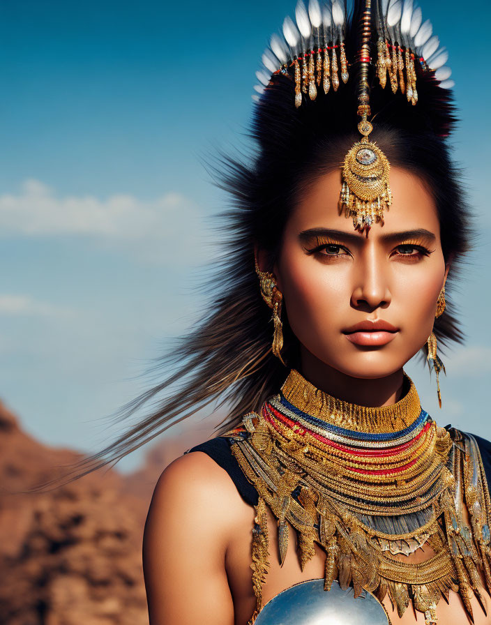 Person with Striking Makeup in Elaborate Headdress and Feathered Accessories