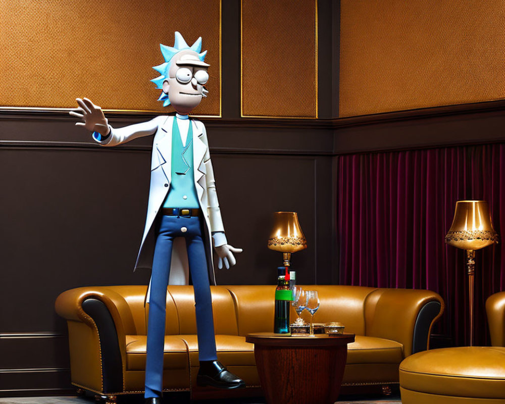 3D-rendered image of Rick Sanchez in luxurious room with leather sofas