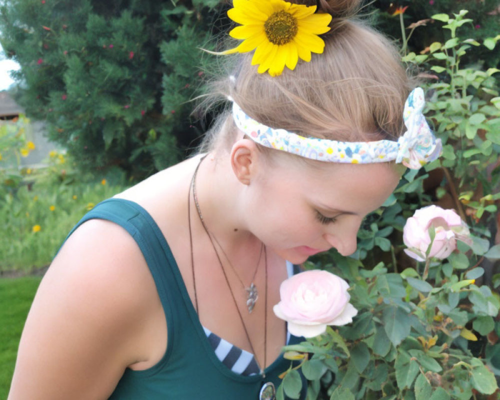 Woman with Sunflower in Hair Bun Smelling Pink Rose in Garden