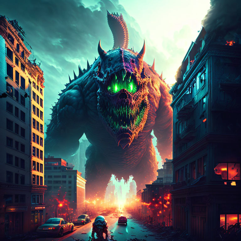 Gigantic dragon with glowing green eyes in city street at dusk