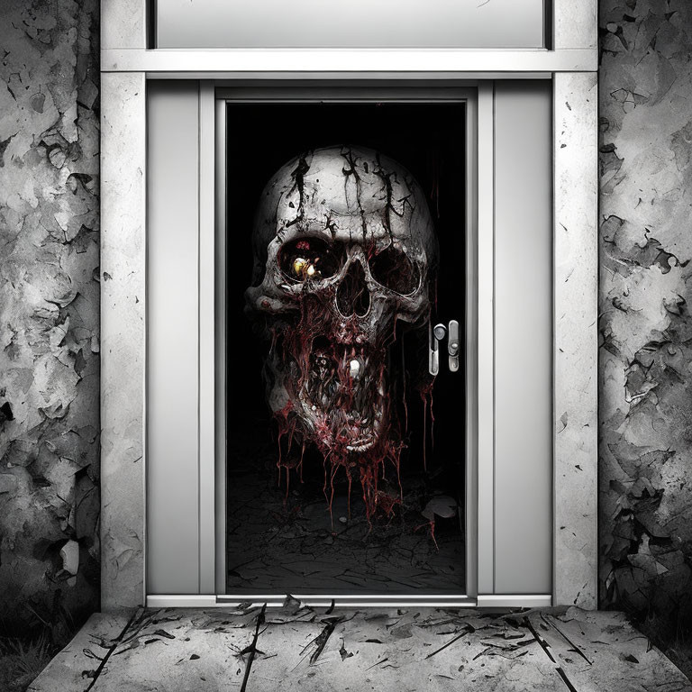 Eerie horror-themed graphic of a large, grotesque skull in a dilapidated elevator