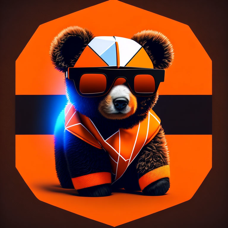 Panda in Orange Glasses & Futuristic Suit on Octagonal Background