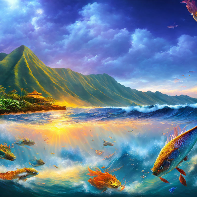 Colorful sunset above turbulent ocean with fish, mountains, and pagoda.