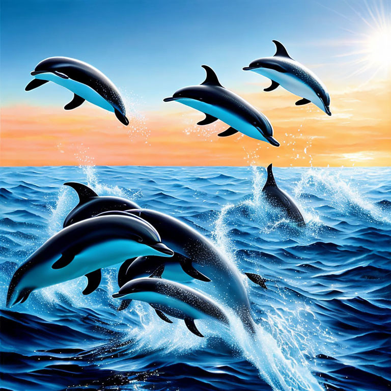 Dolphins leaping above ocean at sunset with vibrant hues