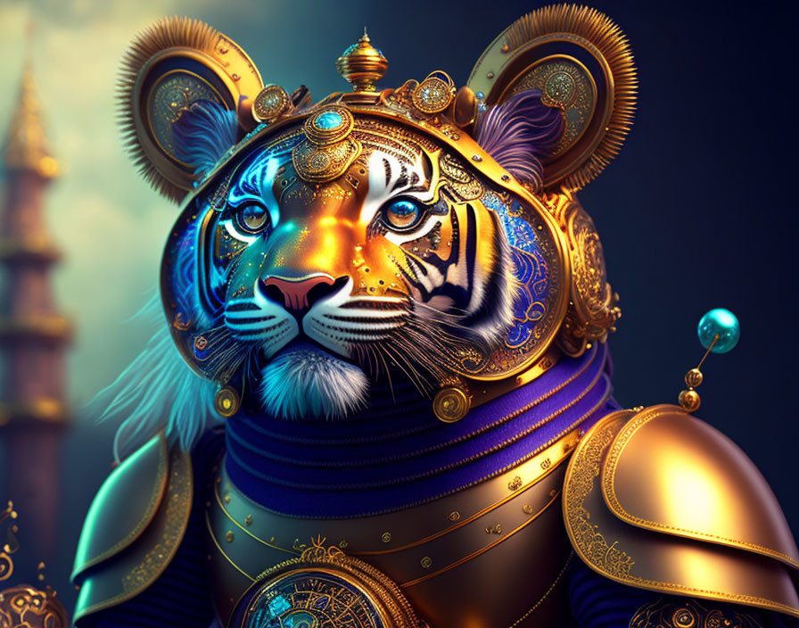 Regal tiger digital illustration with golden armor on mystical blue background