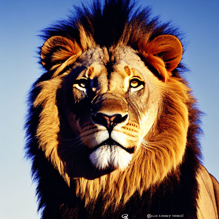 Majestic lion with full mane and piercing eyes against blue sky