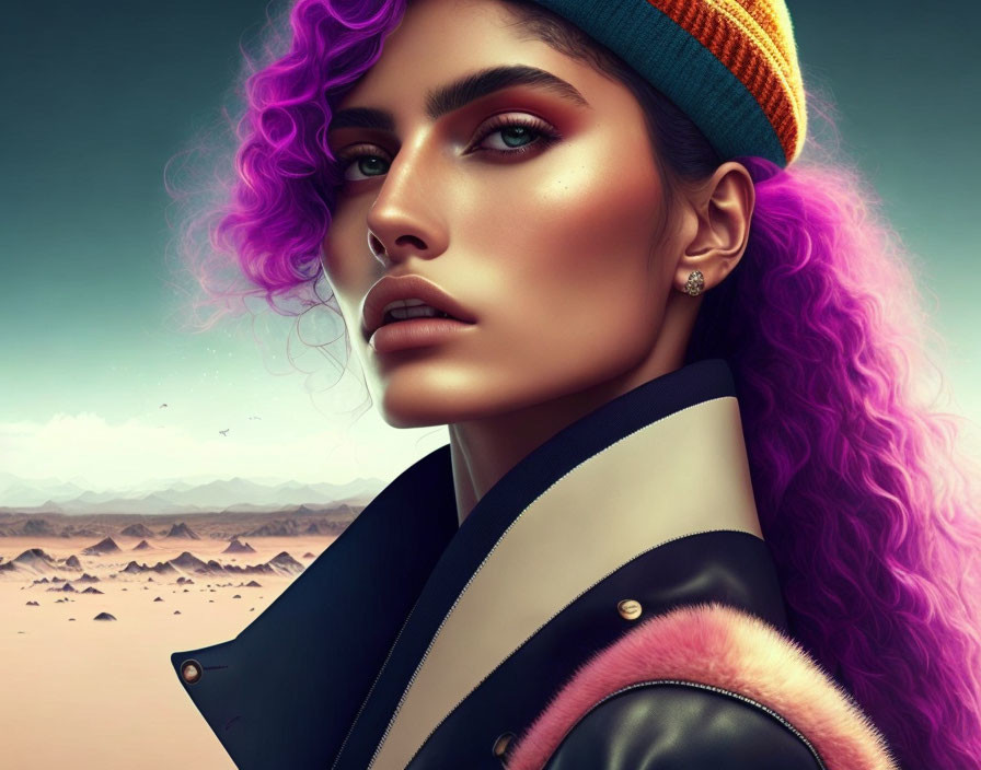 Vibrant purple-haired woman in colorful attire against desert backdrop