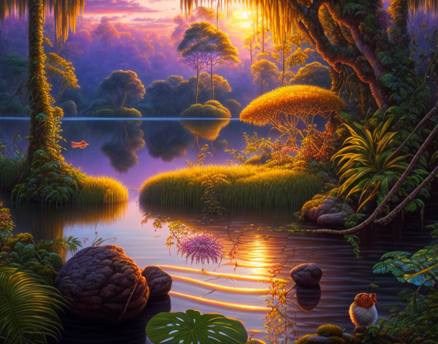 Mystical forest with serene lake, vibrant flora, and colorful bird