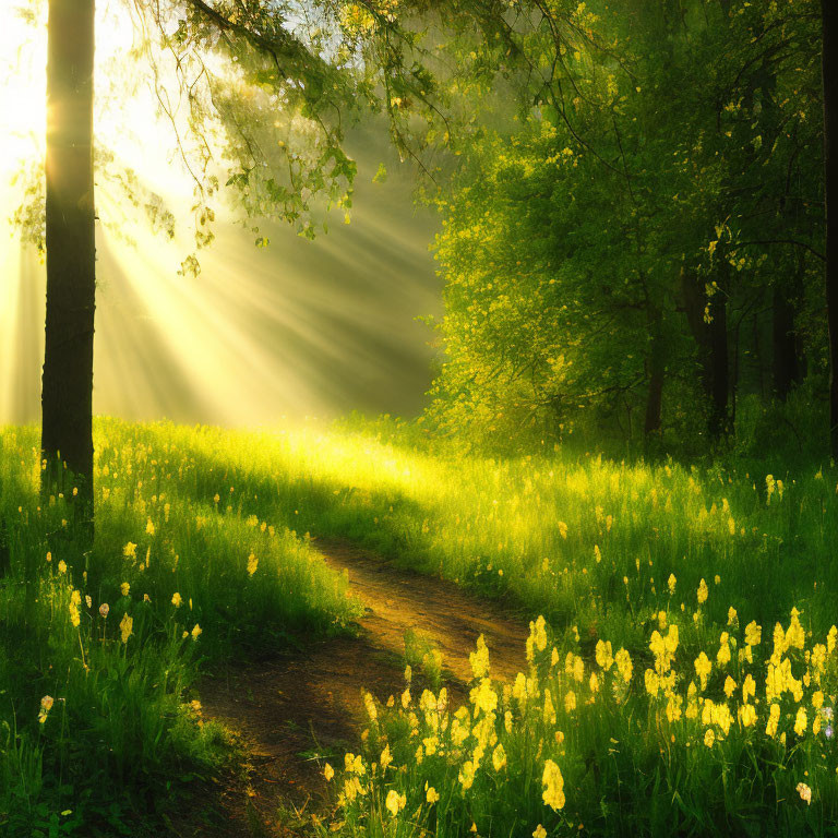 Forest Path Illuminated by Sunlight and Wildflowers