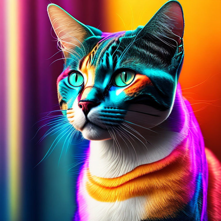 Colorful Cat Portrait with Blue and Green Eyes on Rainbow Background