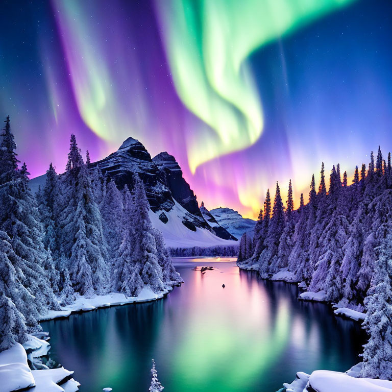 Majestic aurora borealis over snowy mountain landscape