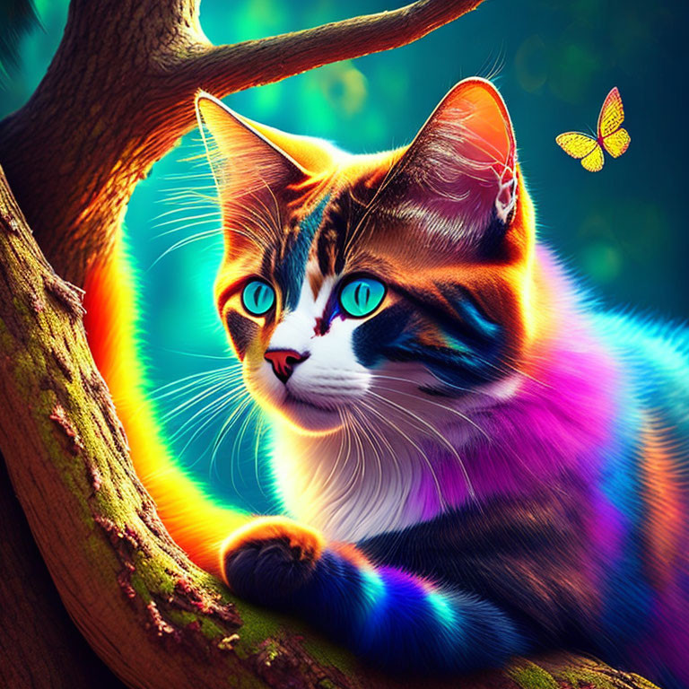 Colorful Cat with Turquoise Eyes on Tree Branch at Sunset