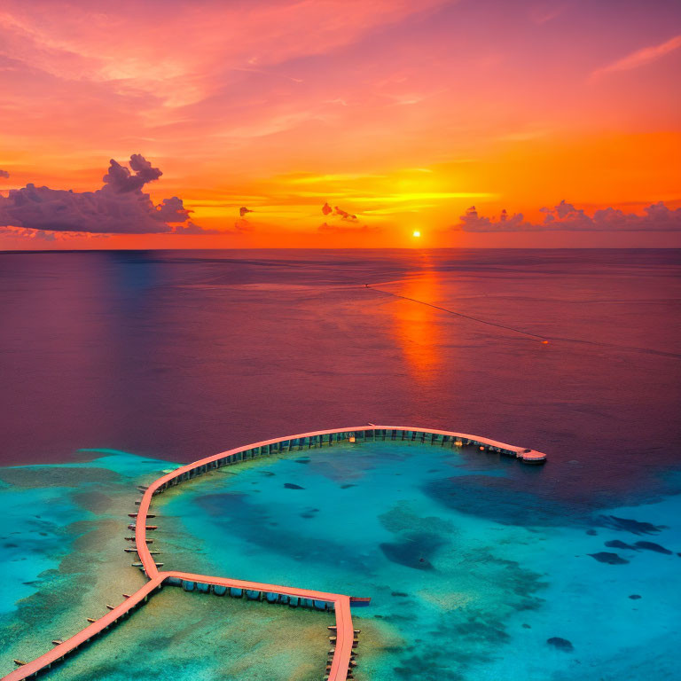 Tranquil sunset over sea with pier and boat silhouette