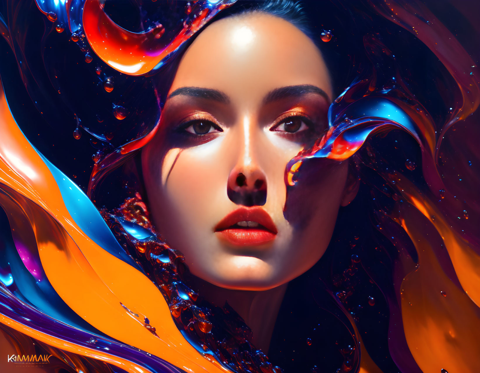 Colorful Swirling Liquid-Like Portrait of Woman's Face