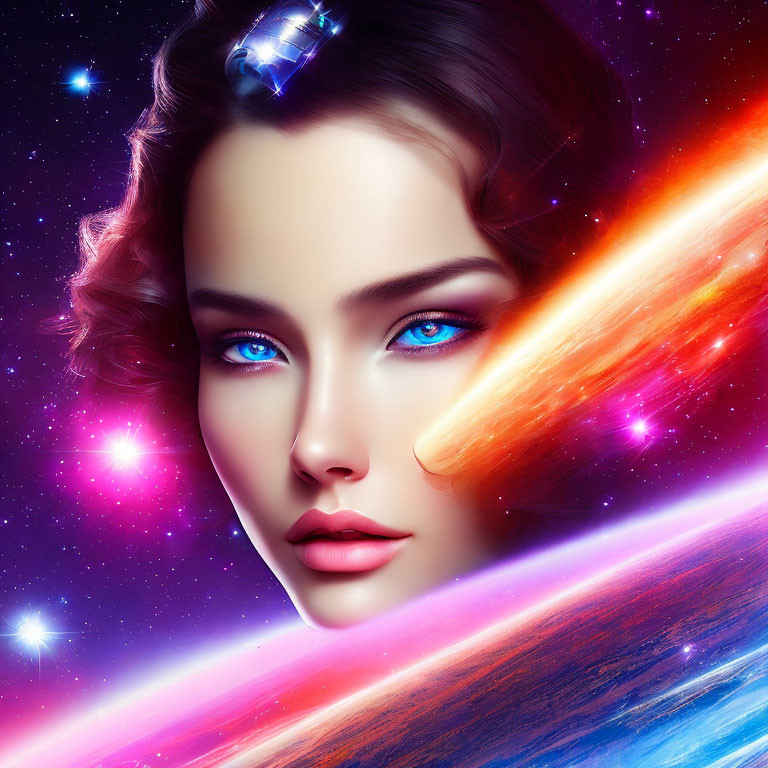 Woman's face with vibrant blue eyes on cosmic backdrop.