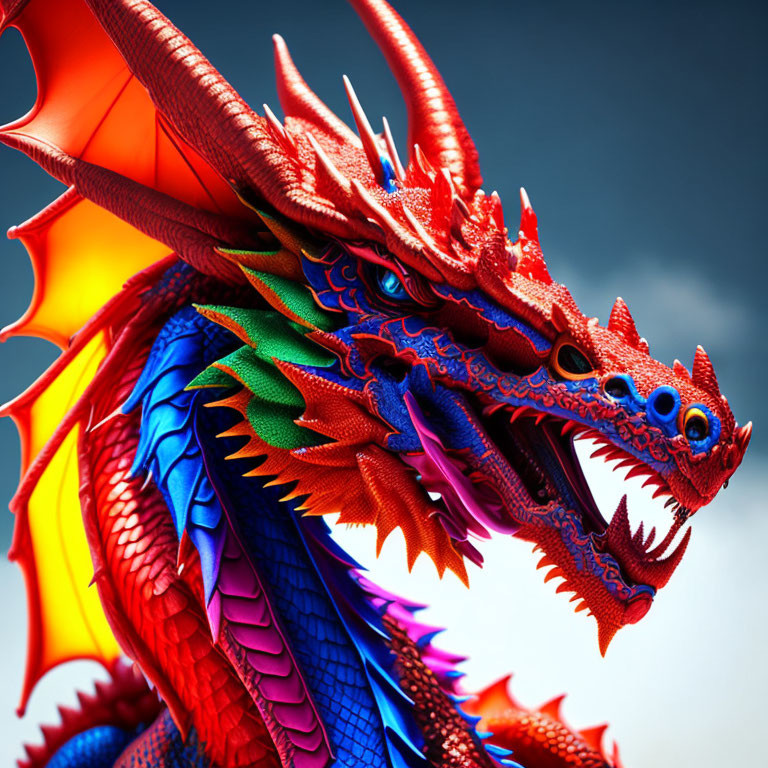 Multicolored dragon with intricate scales and multiple heads on blue backdrop