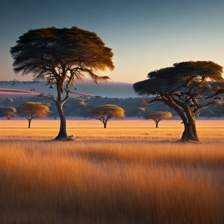 African Savanna: Acacia Trees in Golden Grasses at Sunset